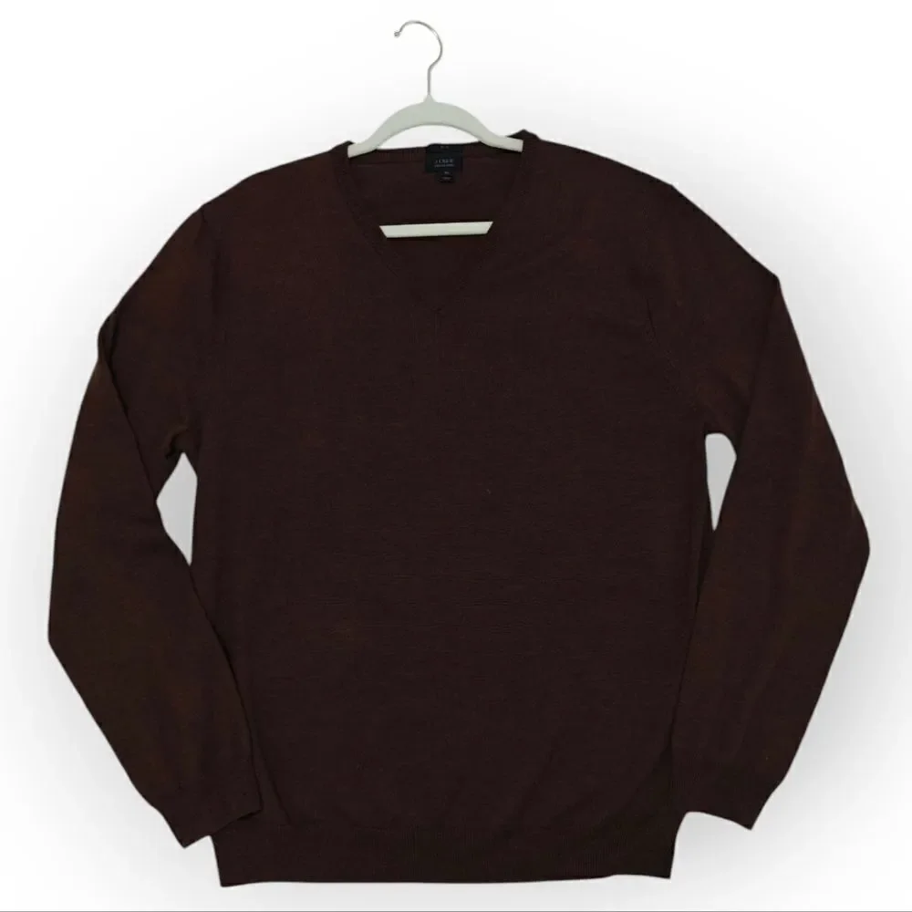 NWOT J. Crew 100% Merino Wool Brown V-Neck Sweater Fine Knit Sz XL
